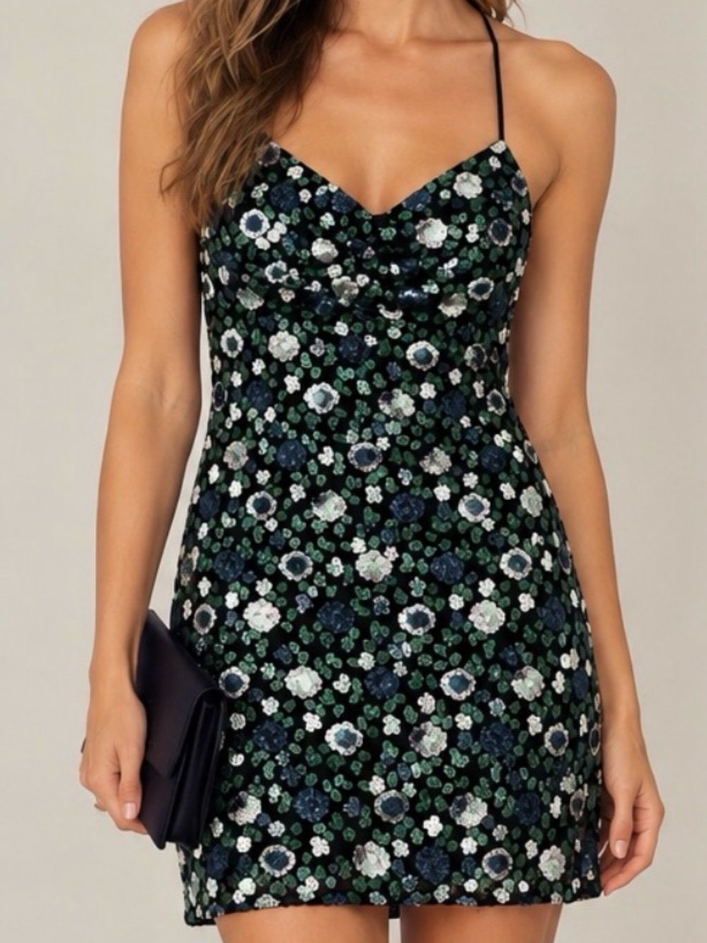 NWT vintage Allen Schwartz Floral Sequin Mini Dress - Y2K cross back